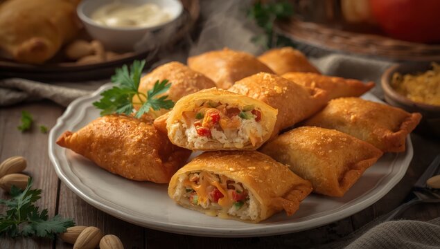 Chicken, vegetable, and cheese-filled risoles.
