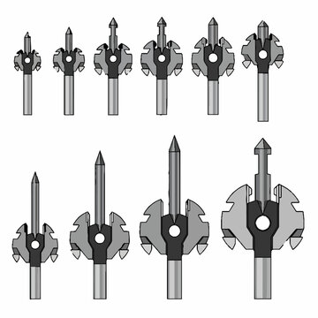 Woodworking Hinge Boring Bit Set Vector, Flat Cartoon Illustration of Industrial Countersink Spade Drill Bits and Milling Cutter Pack for Hardware Store Design