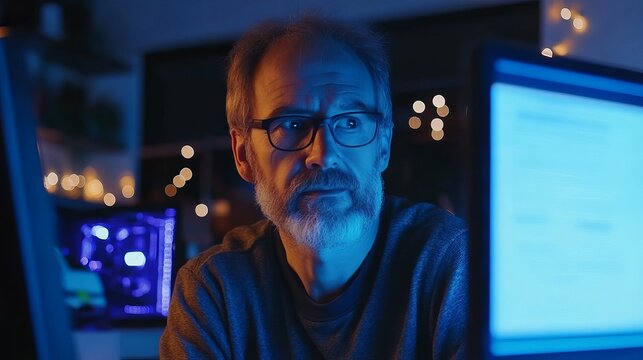 Focused man with glasses working late at night on his computer, illuminated by the screen's glow, coding and developing software