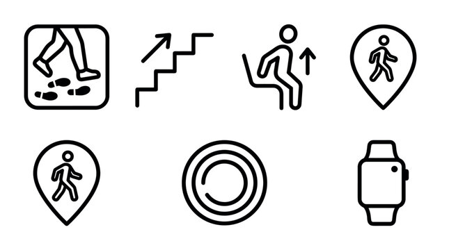 Fitness tracking and active lifestyle line icon set, vector symbols of walking, stairs, standing up, and smart watch