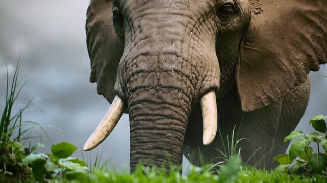Approaching large tusked elephant moving toward lens seeking water at bank, with trunk, tusks, mist
