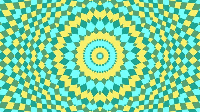 Hypnotic checkered mandala abstract geometric pattern animation video teal and yellow digital kaleidoscope loop background transition motion visual art