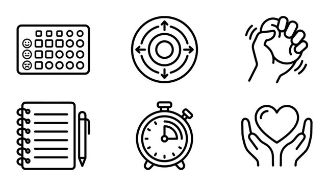 Stress management and mental health coping strategies vector line icon set