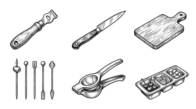 Bartender tools and cocktail accessories vector illustration set in vintage engraving style