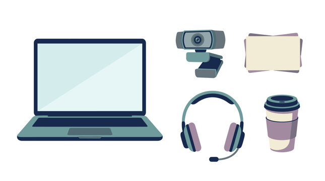 Remote work and online education equipment vector illustration set featuring laptop, webcam, headset, coffee cup, and notes