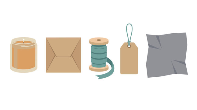 Flat vector illustration set of craft packaging elements including candle, envelope, ribbon spool, tag, and tissue paper
