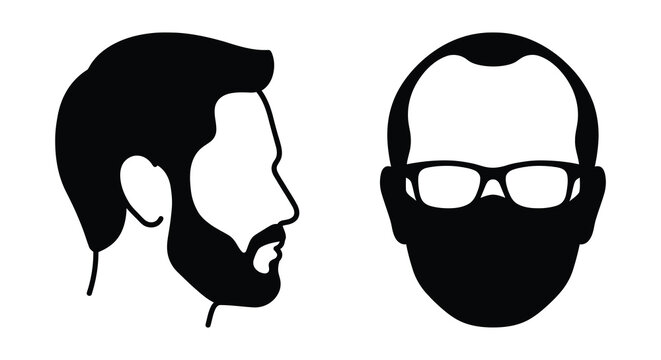 Two male head silhouettes in profile and frontal views a stark black graphic style silhouette man