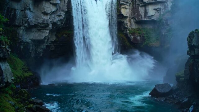 Plunging waterfall fed by upstream flow sending water over cliff into turquoise pool, creating mist