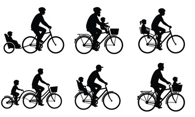 Obraz premium Set of silhouettes depicting parents cycling with their children using various bike accessories