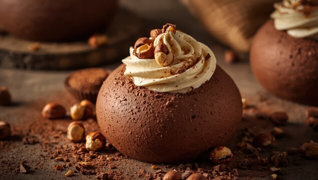 Chocolate mousse with hazelnuts in a rustic presentation.