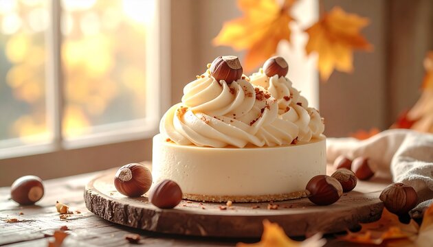 秋の窓辺に飾られたヘーゼルナッツ入りチーズケーキ