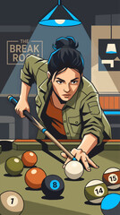 Determined Young Woman Playing Pool in a Dimly Lit Break Room, Focused Expression, Holding Cue Stick Over Table with Balls, Flat Vector Illustration © Rania Estes Amelia 