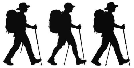 Naklejka premium Silhouettes of hikers with backpacks and trekking poles isolated on a white background for travel