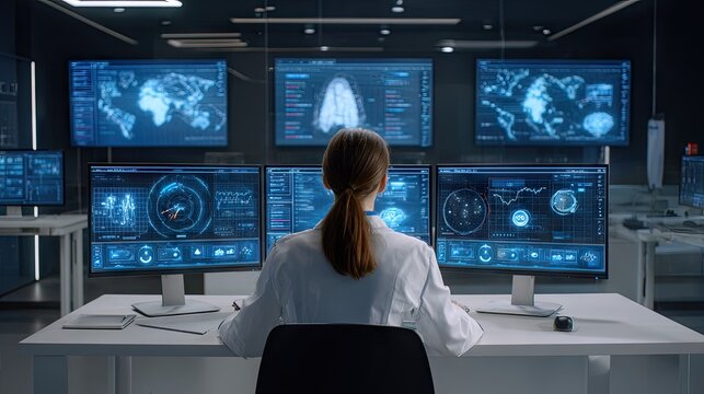 Medical professional monitoring patient data in high-tech control room.
