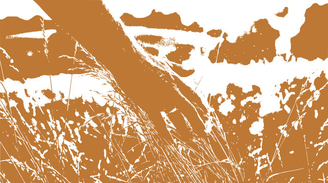 Hand touching dry grass in a field, abstract brown and white illustration