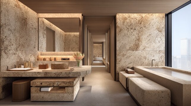 Organic minimalist bathroom with natural stone textures and vanity.