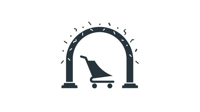 Shopping cart under archway symbol.