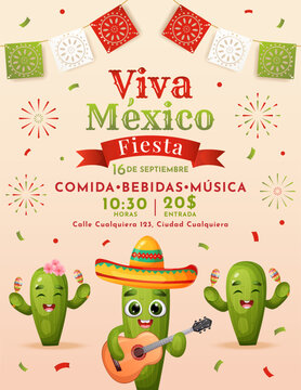 Mexican Independence Day fiesta party invitation poster with cute cactus characters, sombrero, guitar, papel picado, confetti and festive decorations.Celebration flyer designe template.