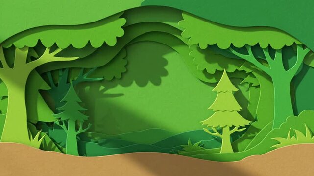 Animated Paper Cutout Style Forest Landscape with Moving Shadows.