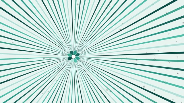 Abstract cyan and green radial lines burst from center with small flower detail.