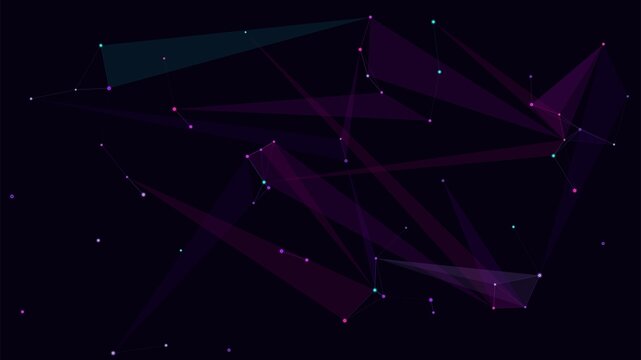 Dark abstract network structure with purple and teal glowing points and connecting lines.