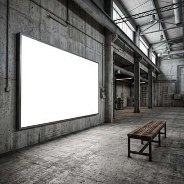 Perspective view on blank white large screen with place for your advertising text or logo brand in abstract industrial hall with grey wall background and bench on concrete floor. 3D rendering, mockup