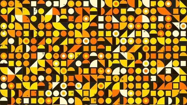 Abstract geometric pattern with colorful shapes and circles squares triangles on dark background.