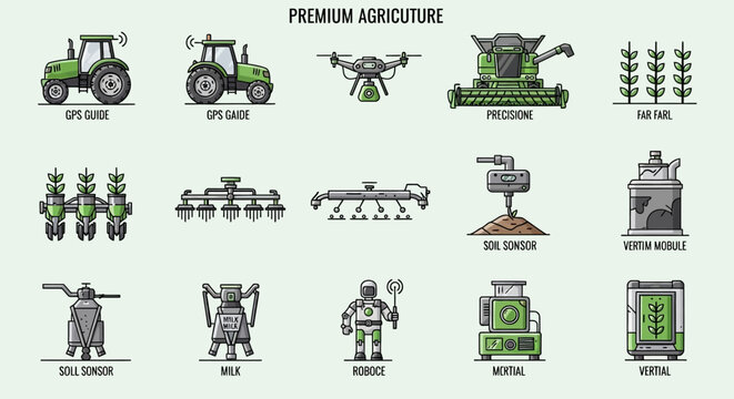 Premium agricultural machinery and equipment collection illustration.