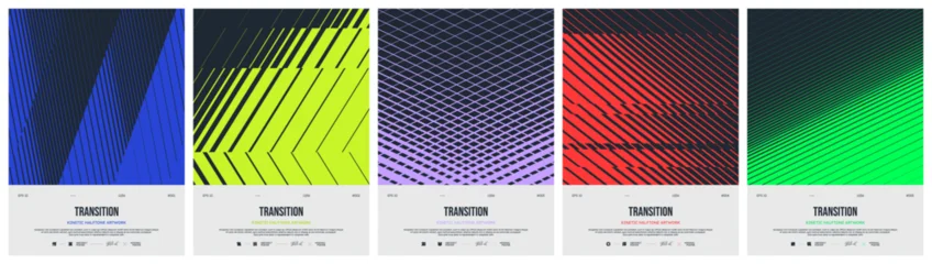 Abstract geometric vector poster set with kinetic halftone grid and optical illusion ornament, Geometric distortion patterns with linear gradient transition effect, Colorful dynamic graphic kit 2 © max_776