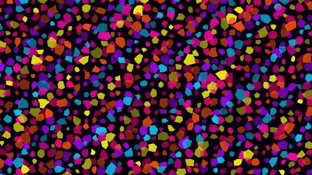 Seamless pattern of colorful geometric confetti shapes scattered on dark background, festive and playful.