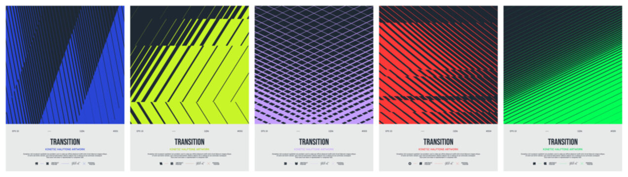 Abstract geometric vector poster set with kinetic halftone grid and optical illusion ornament, Geometric distortion patterns with linear gradient transition effect, Colorful dynamic graphic kit 2