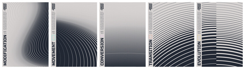 Fototapeta premium Monochrome technical line grid poster set with kinetic halftone distortion patterns, Minimalist geometric visual transformation and abstract structural evolution artwork with transition effect set 2