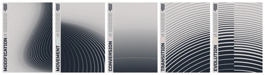 Monochrome technical line grid poster set with kinetic halftone distortion patterns, Minimalist geometric visual transformation and abstract structural evolution artwork with transition effect set 2 © max_776
