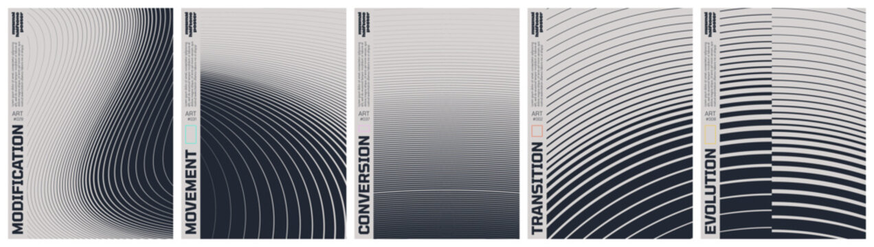 Monochrome technical line grid poster set with kinetic halftone distortion patterns, Minimalist geometric visual transformation and abstract structural evolution artwork with transition effect set 2