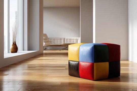 Vibrant multicolored cube ottoman in modern minimalist living room with wood flooring and natural light from large windows