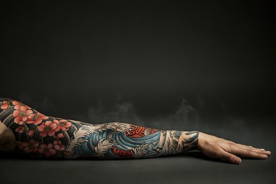 Closeup of a detailed japanese style tattoo sleeve on a mans arm