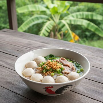 Authentic Thai thin rice noodles with pork and vegetables in clear soup (Sen Lek Moo), traditional local dish. - เส้นเล็กหมู