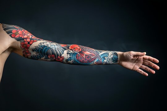 Full sleeve japanese style tattoo featuring a vibrant red koi fish and waves