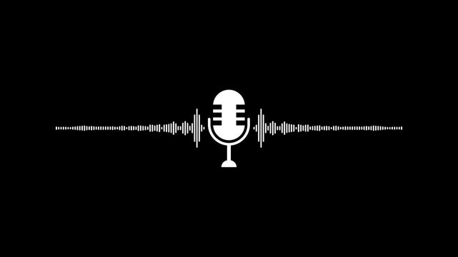 Abstract soundwave graphics highlight voice and music. Retro microphone icon represents podcast. Classic microphone with waveform visualization audio signals animation
