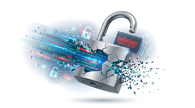Digital Data Breach Concept Featuring a Shattered Cybersecurity Padlock and Streaming Information Flow
