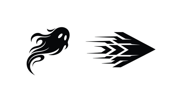 Simple black and white icons representing a spooky flaming ghost spirit and a high speed directional arrow with motion blur lines.