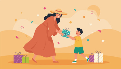 Fototapeta premium Joyful woman in a wide-brimmed hat hands a wrapped gift to a young boy during a celebration with colorful confetti and desert-like background.
