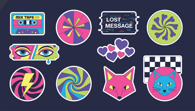 Collection of colorful retro stickers featuring various themes such as music and animals with psychedelic and neon aesthetic styles.