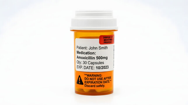 Prescription medication bottle labeled Amoxicillin 500mg for John Smith, indicating dosage and expiration date