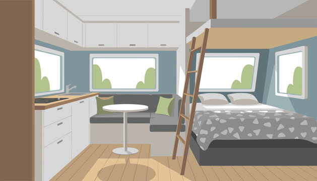 Interior view of a cozy modern camper van featuring small kitchen area, dining table, bunk beds, and windows with scenic views.