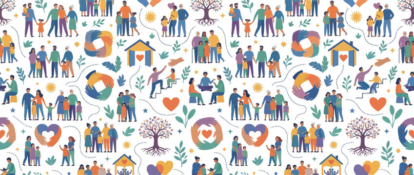 Diverse family and community patterns, unity, support, home, love, tree of life