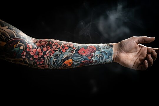 A detailed japanesestyle koi fish and cherry blossom tattoo sleeve on an arm