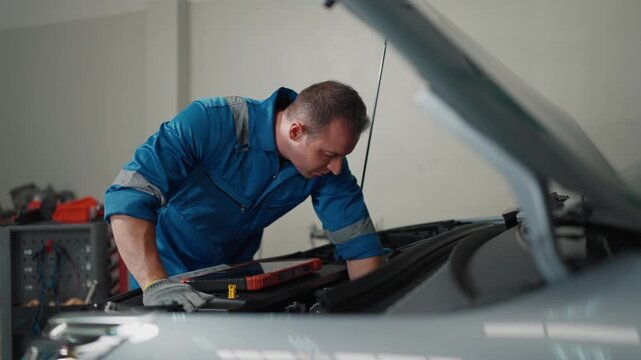 Technician leans over EV car engine, focused and attentive. Hands hold tools, checking engine components carefully. Workshop background shows tools and equipment, suggesting professional setting
