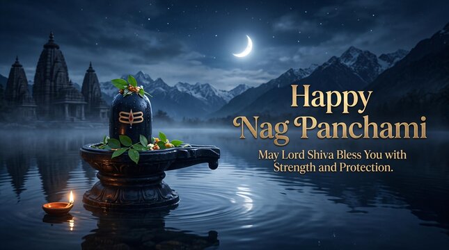 Serene nag panchami festival scene with shiva lingam floating candle and lotus leaves reflected on water with mountain and temple silhouettes in ... See More