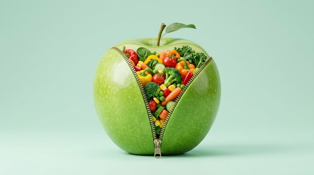 Conceptual 3D render of a green apple unzipped to reveal a variety of fresh colorful vegetables inside